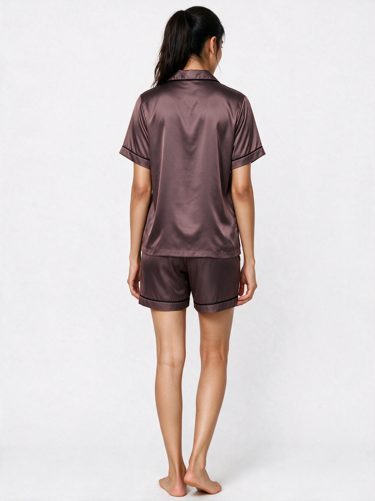 Copper Brown Short Sleeves Soft Satin Ladies Night Suit - Ultimo