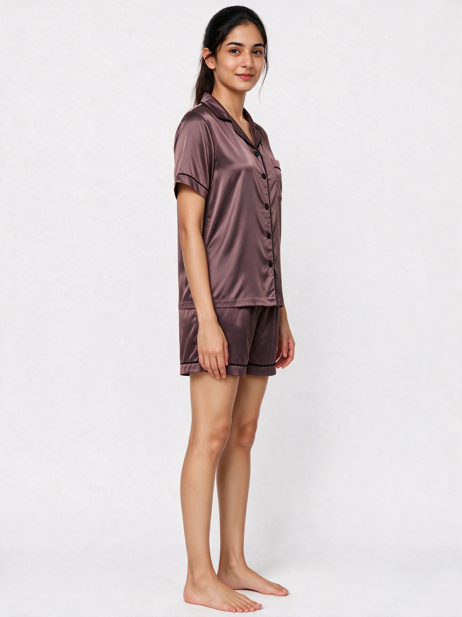 Copper Brown Short Sleeves Soft Satin Ladies Night Suit