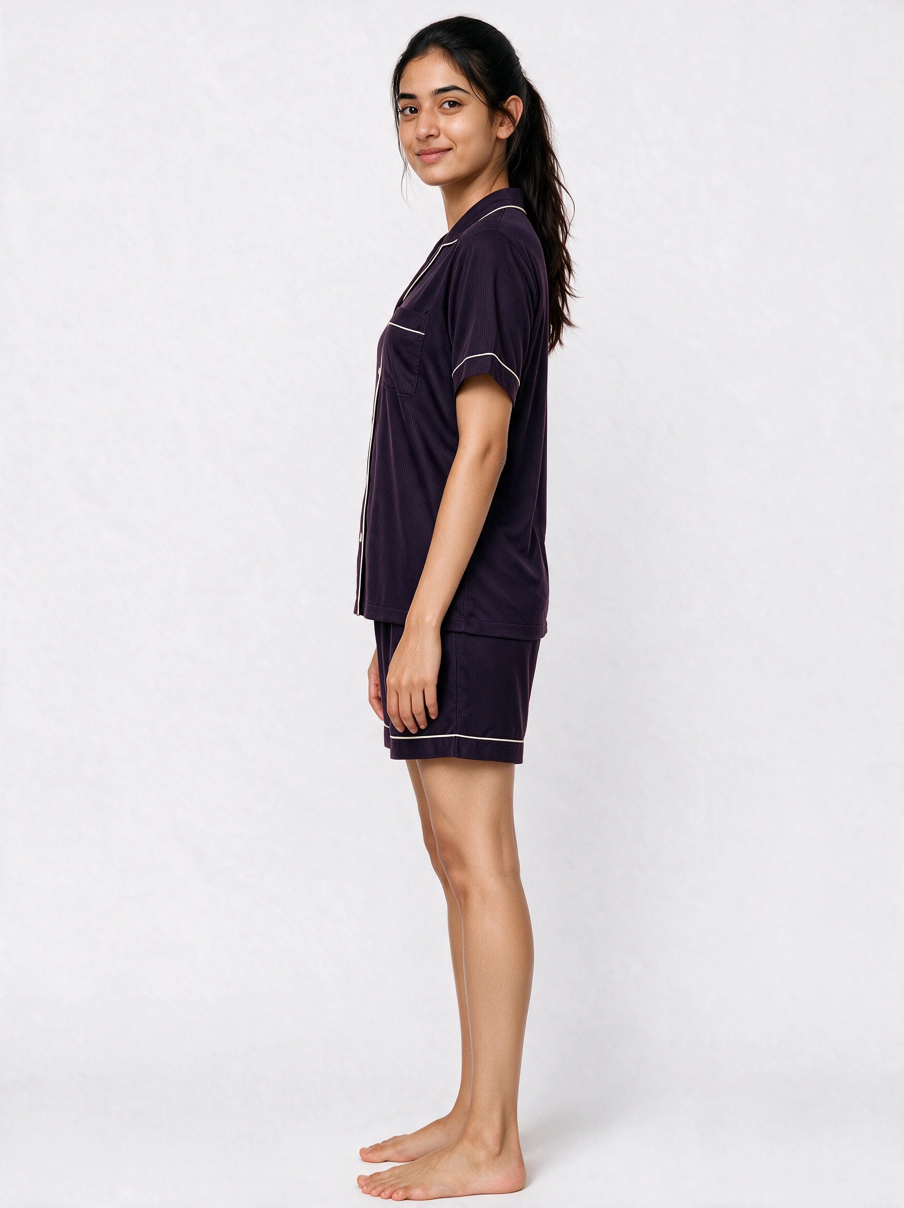 Dark Purple Short Sleeves Silky textured Ladies Nightsuit