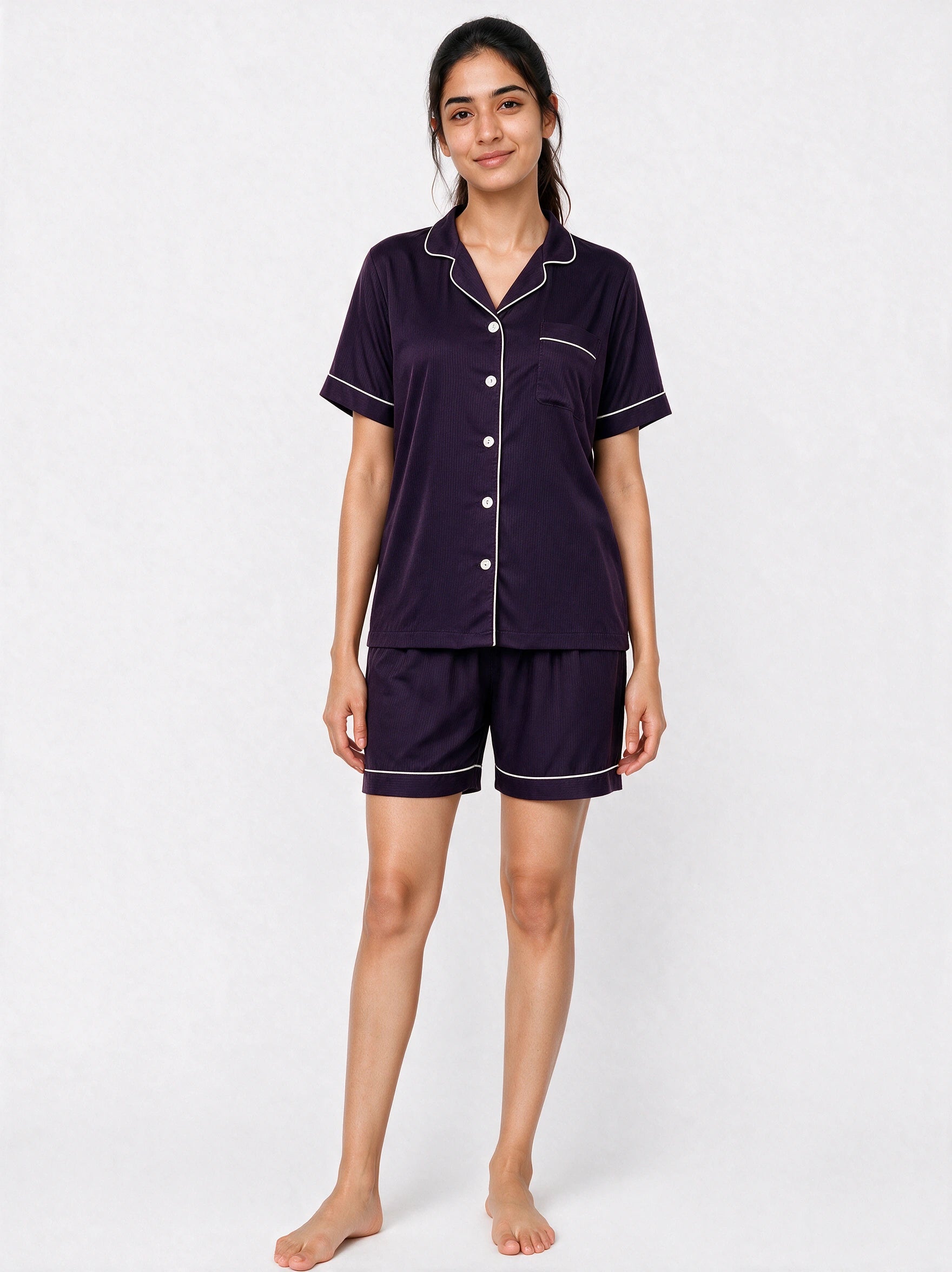Dark Purple Short Sleeves Silky textured Ladies Nightsuit