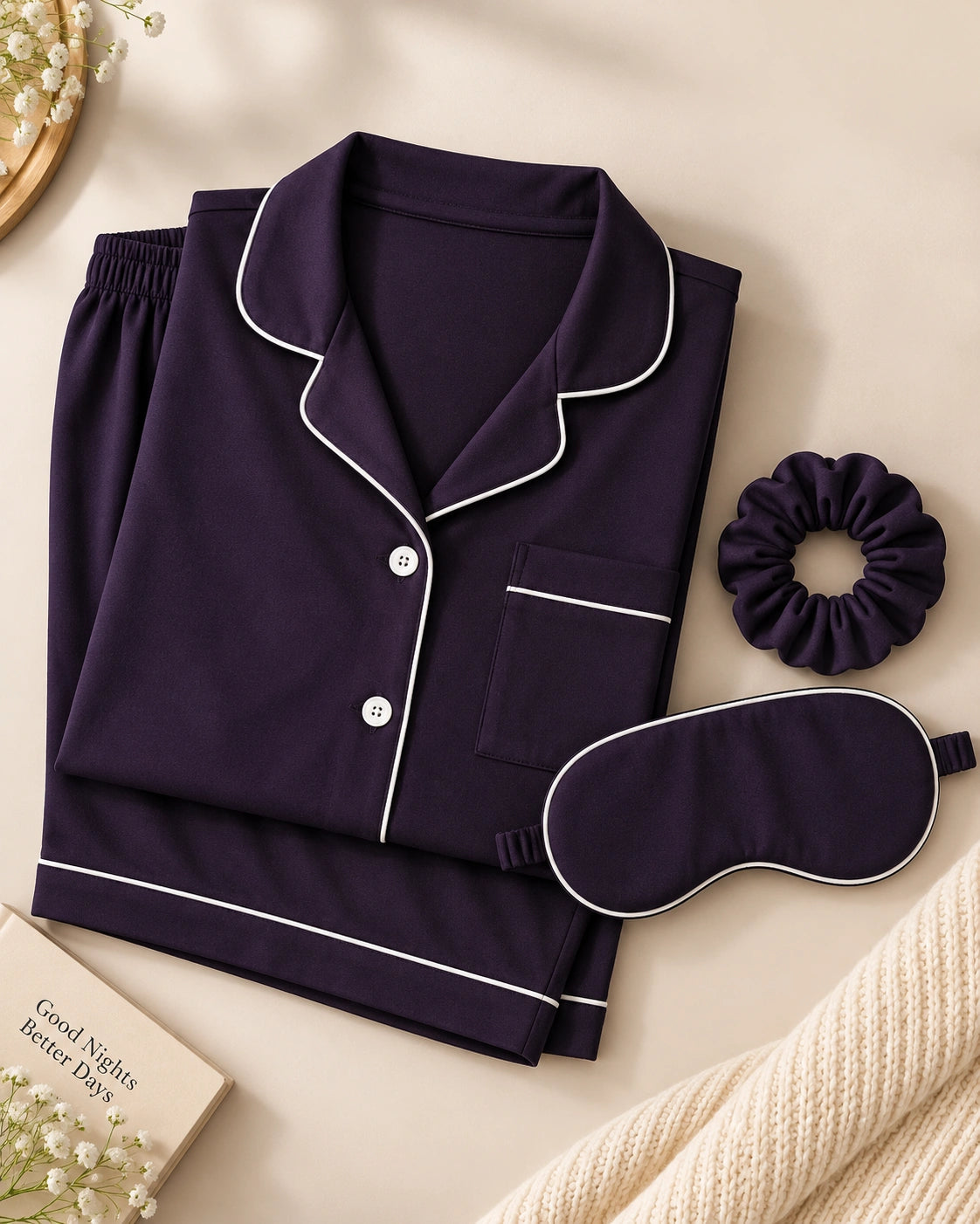 Dark Purple Short Sleeves Silky textured Ladies Nightsuit - Ultimo