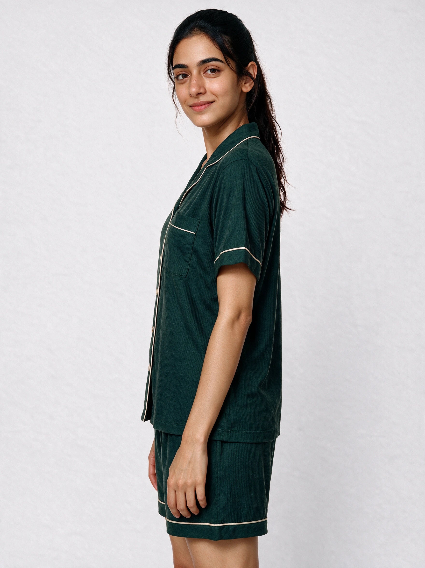 Dark green short sleeves silky textured ladies nightsuit