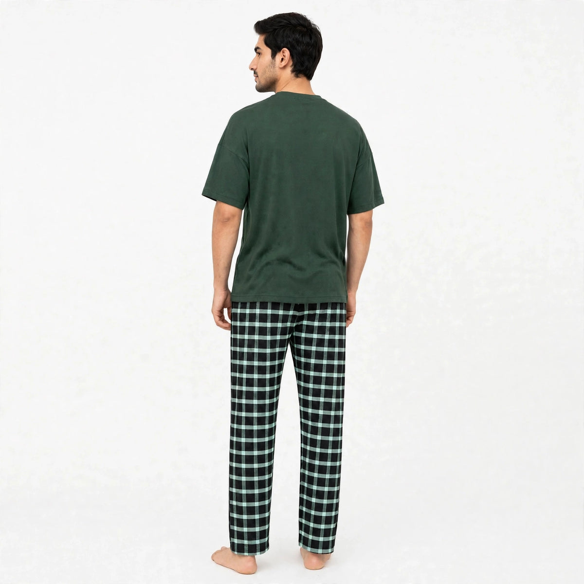 Evergreen Green Tshirt & Green Check Pajama Set for Male