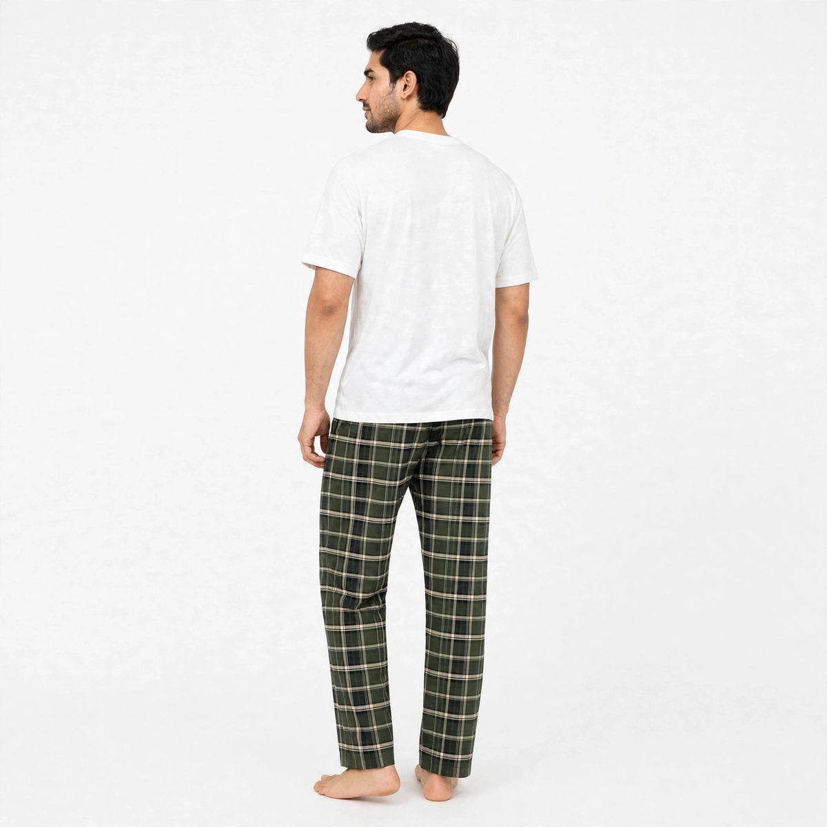 Grid White tshirt & Green Check Pajama Set for Male