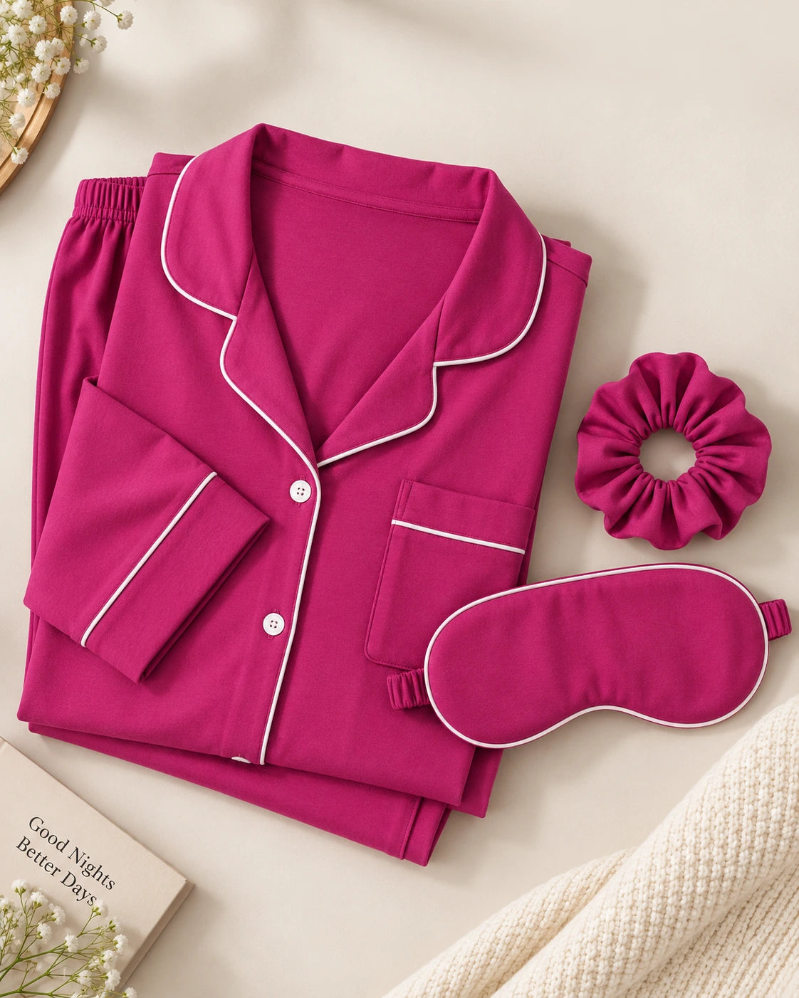 Magenta Long Sleeves Soft Satin Ladies Night Suit - Ultimo
