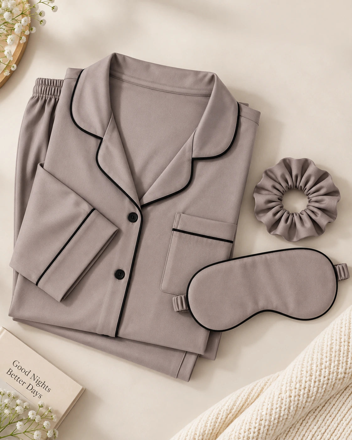 Matte Grey Long Sleeves Silky Textured Ladies Night Suit - Ultimo