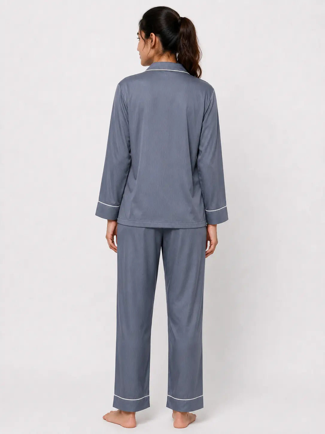 Matte Silver Long Sleeves Silky Textured Ladies Night Suit - Ultimo