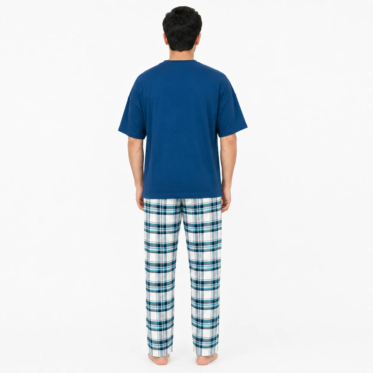 Nova Blue Tshirt & Check Pajama Set for Male