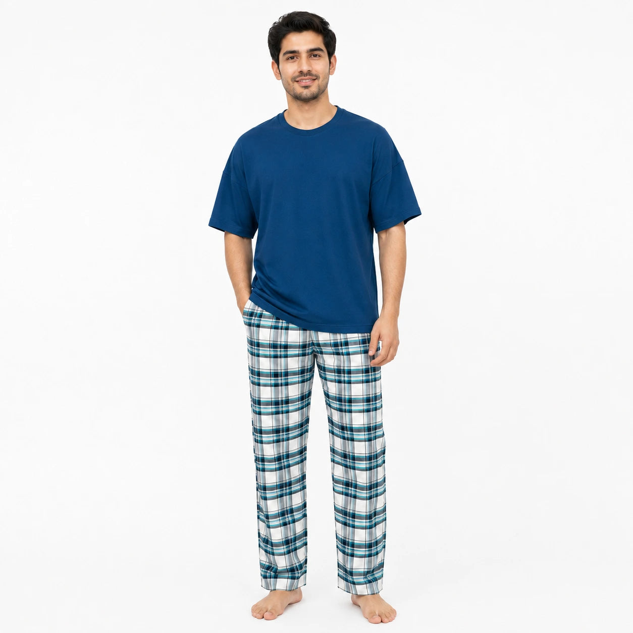 Nova Blue Tshirt & Check Pajama Set for Male