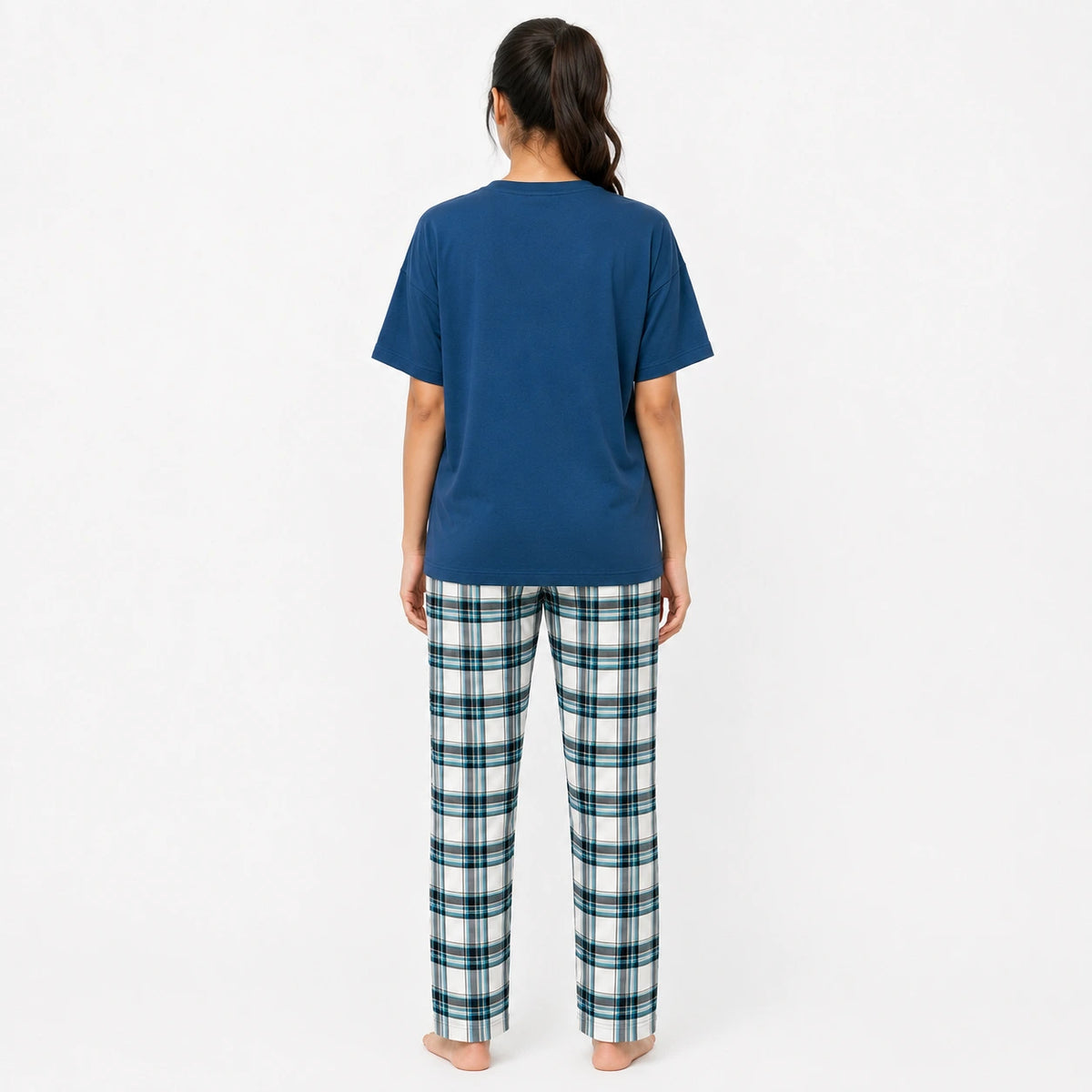 Nova Blue Tshirt & Check Pajama Set for females - Ultimo