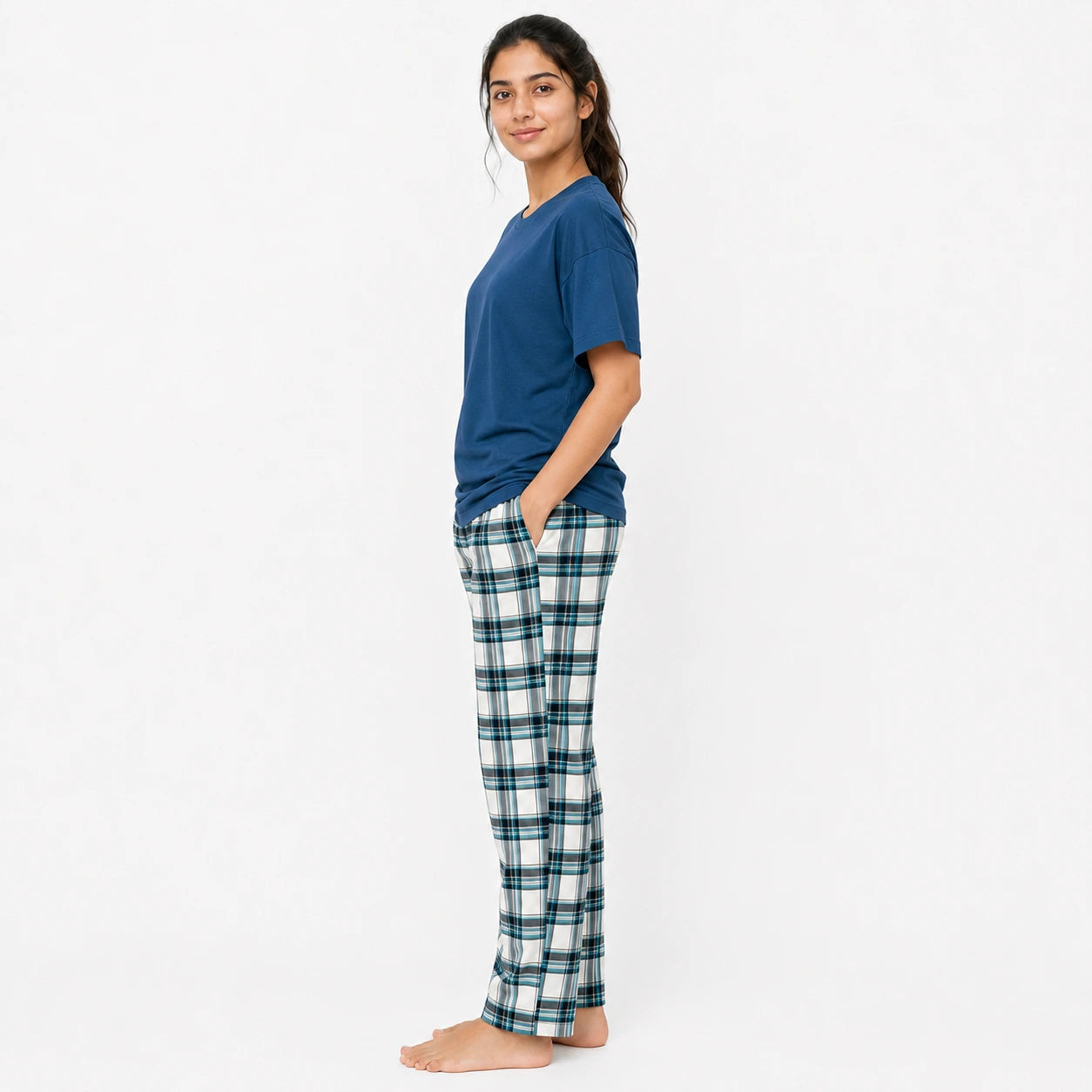 Nova Blue Tshirt & Check Pajama Set for females