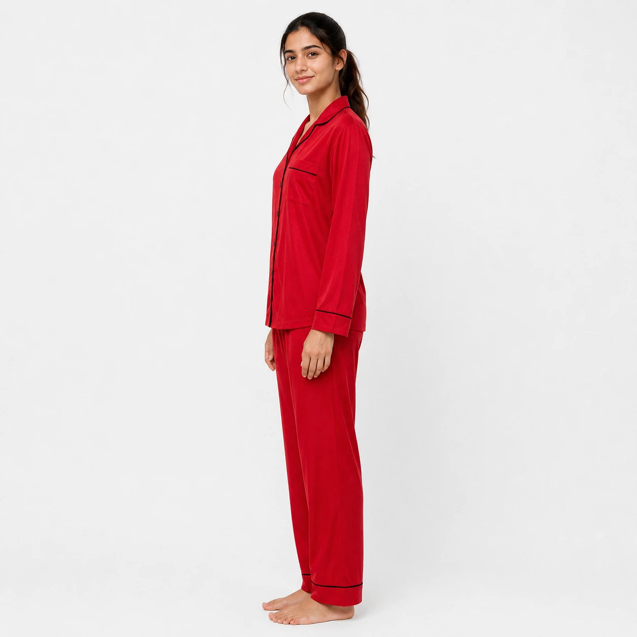 Red Long Sleeves Soft Satin Ladies Night Suit