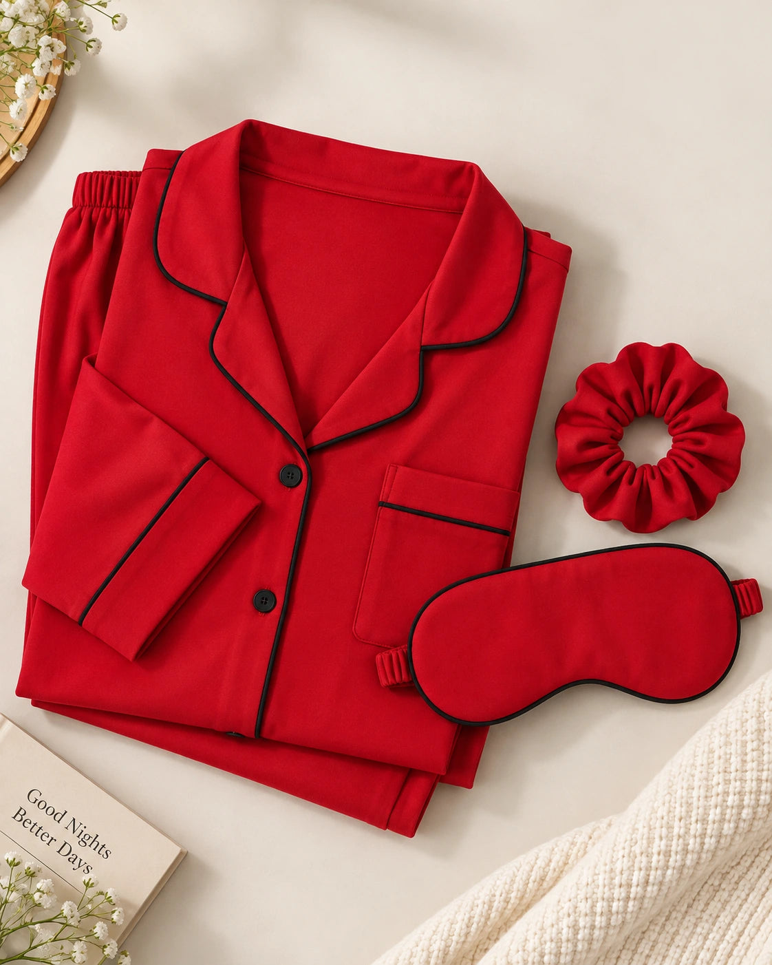 Red Long Sleeves Soft Satin Ladies Night Suit - Ultimo