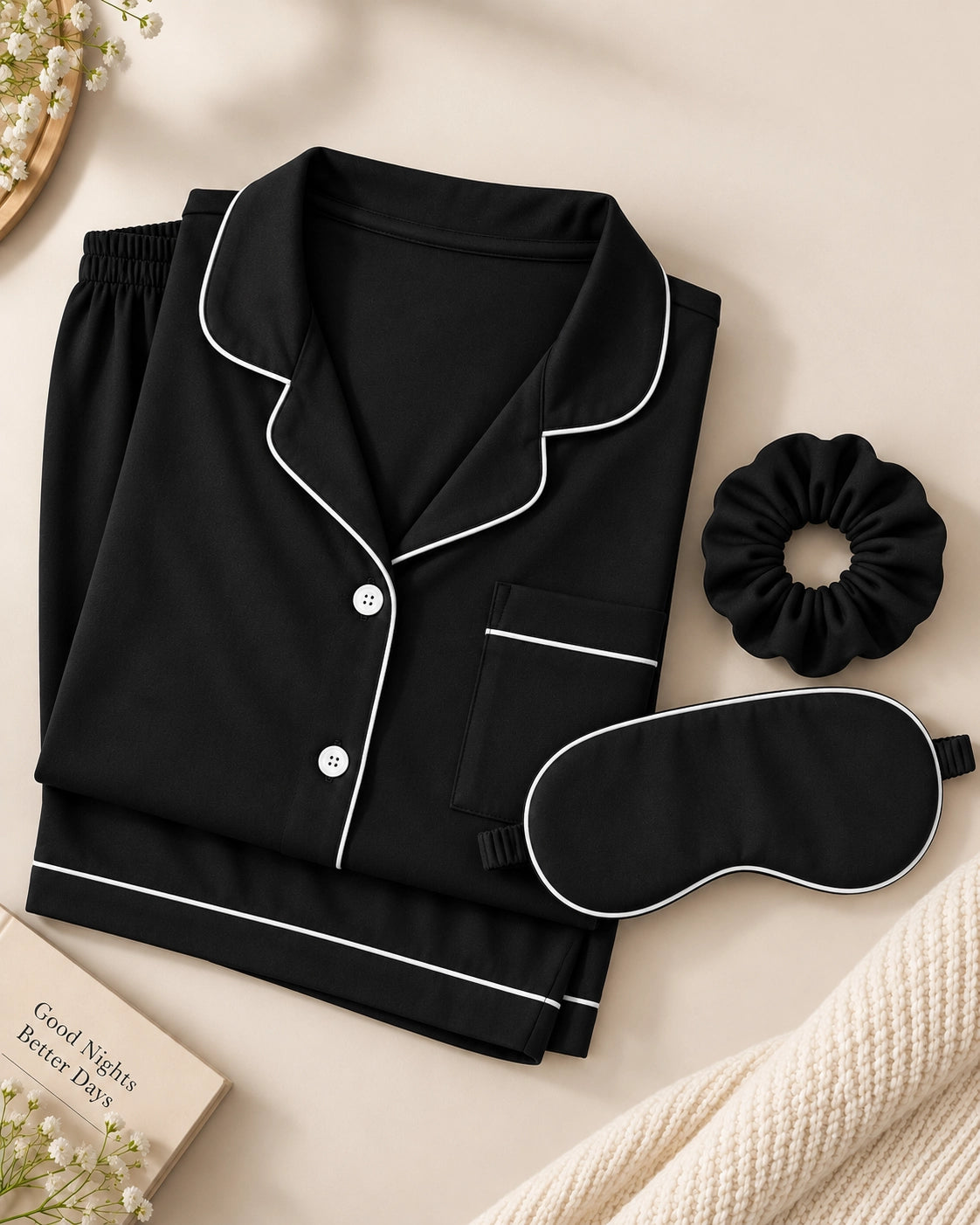 Black short sleeves silky textured night suit - Ultimo