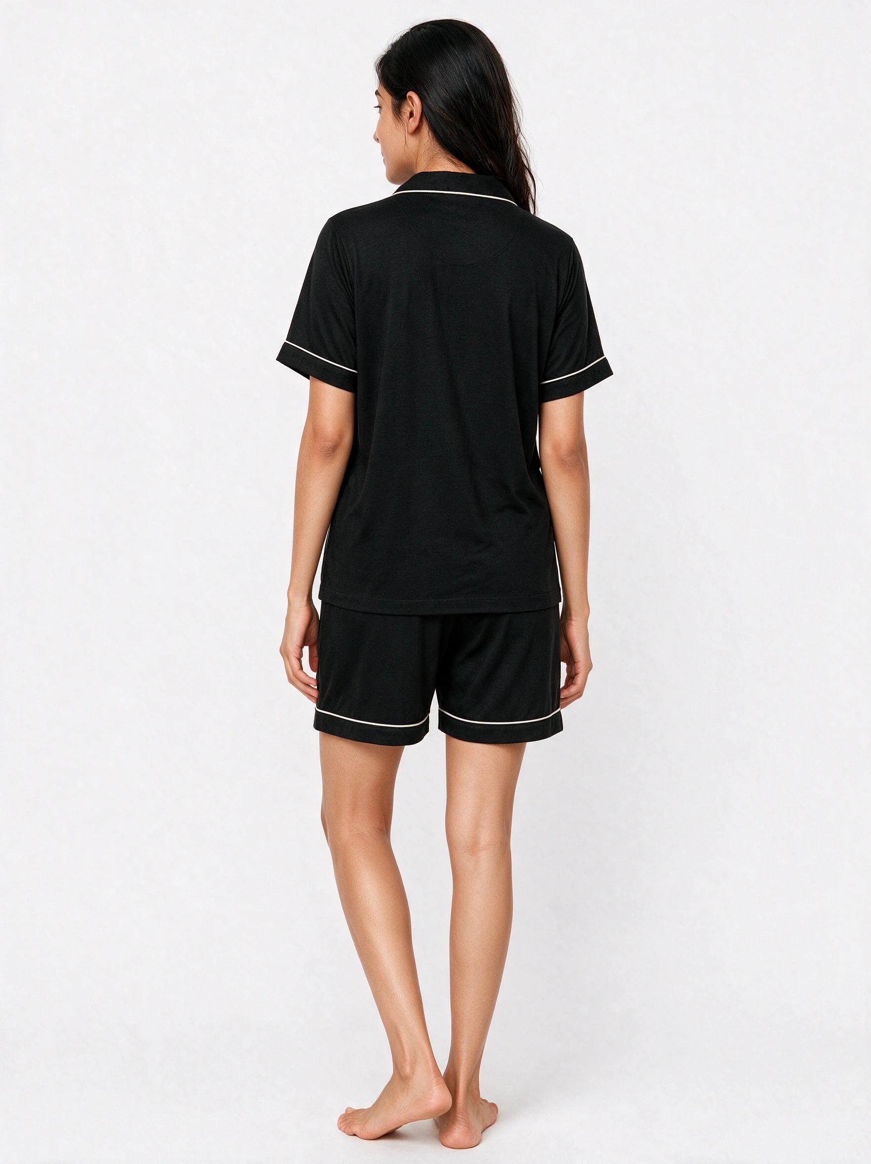 Black short sleeves silky textured night suit