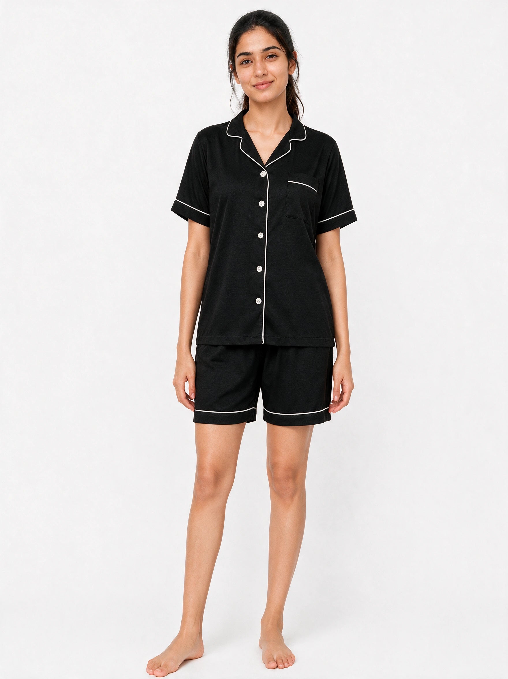 Black short sleeves silky textured night suit