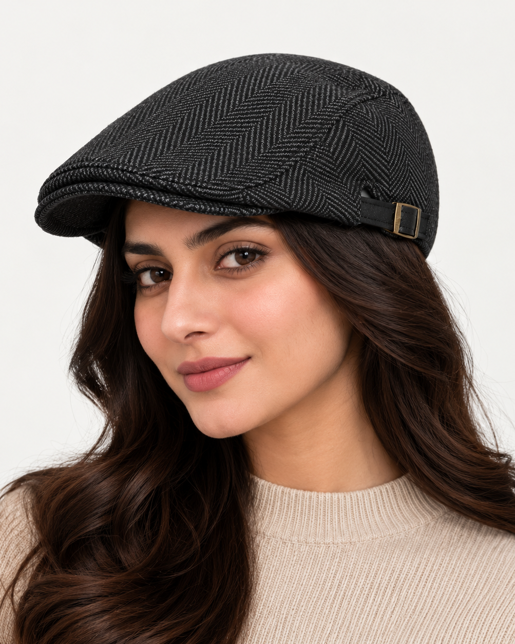 [Winter Padded] Classic Herringbone Tweed Flat Cap Ivy Gatsby Black - One Size Fit All - Adjustable belt - Ultimo
