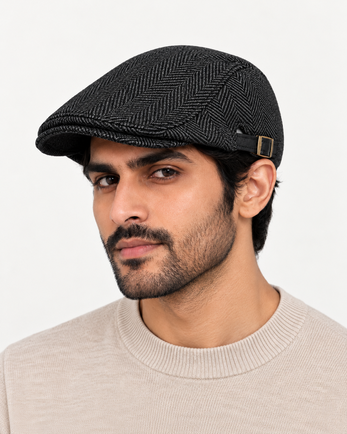 [Winter Padded] Classic Herringbone Tweed Flat Cap Ivy Gatsby Black - One Size Fit All - Adjustable belt - Ultimo
