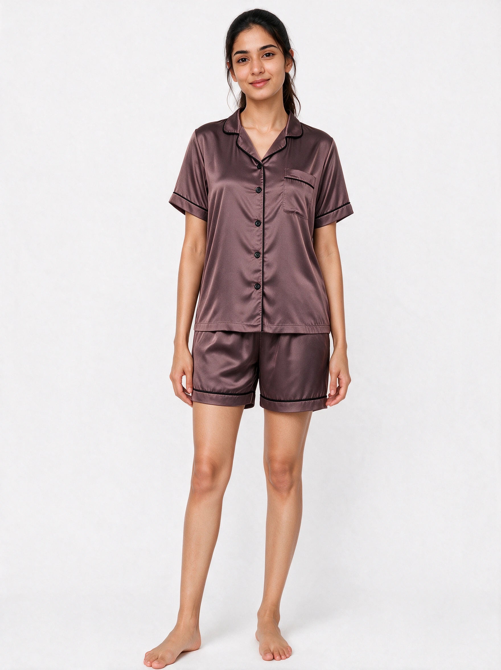 Copper Brown Short Sleeves Soft Satin Ladies Night Suit