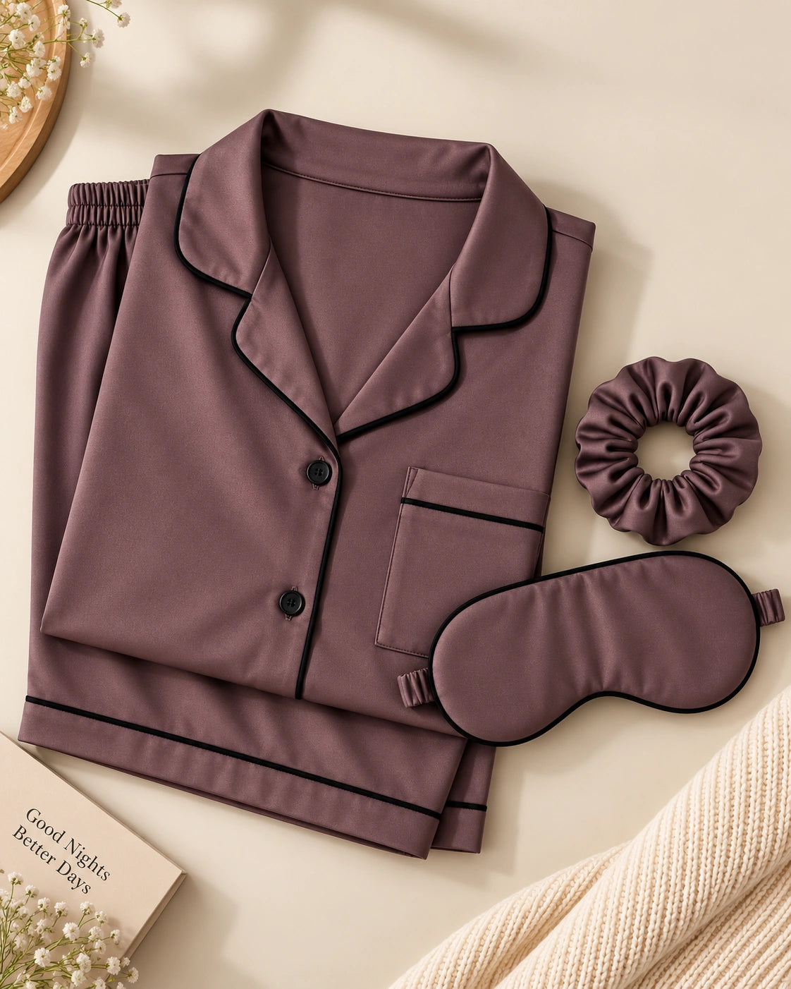 Copper Brown Short Sleeves Soft Satin Ladies Night Suit - Ultimo