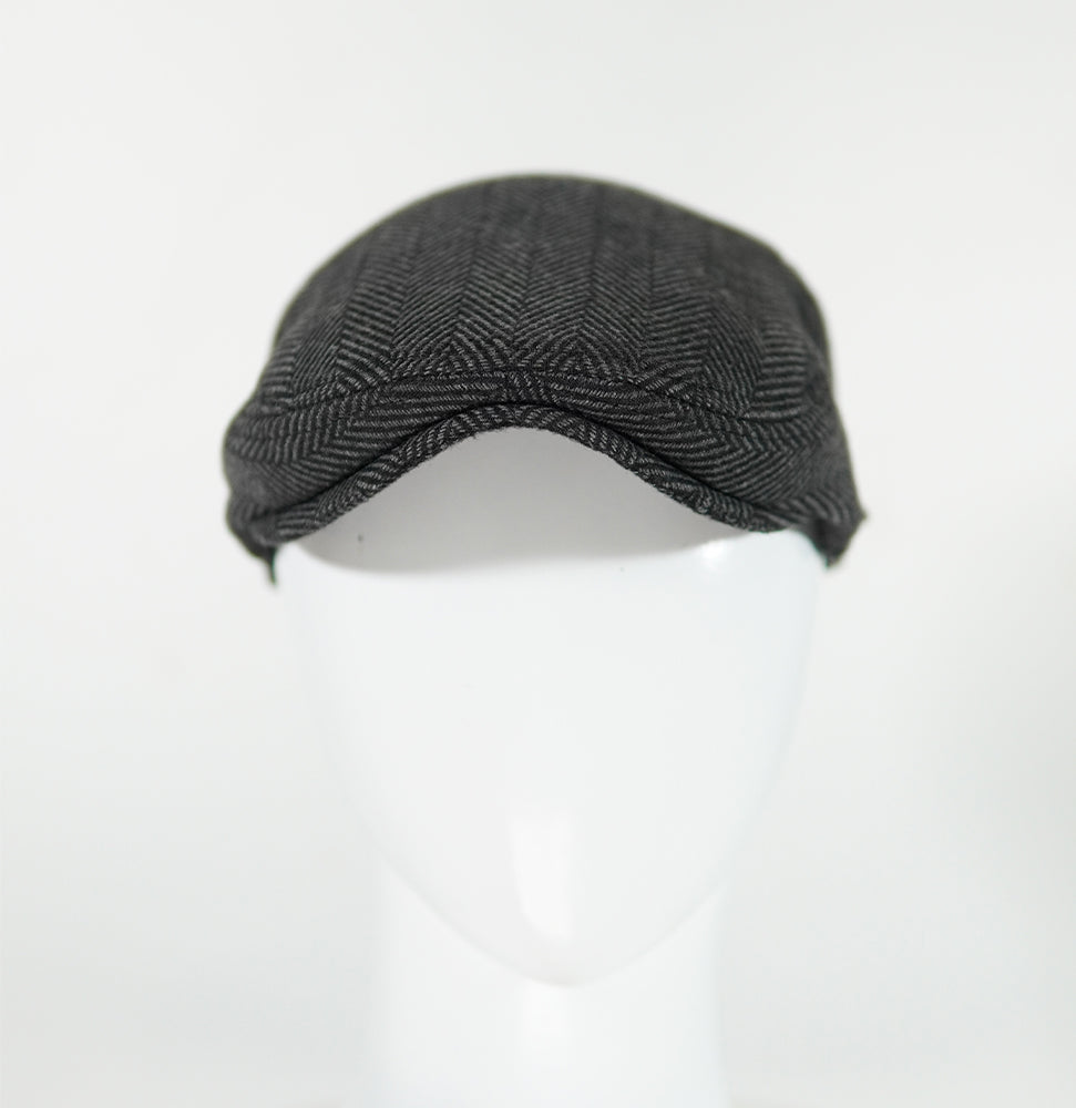 [Winter Padded] Classic Herringbone Tweed Flat Cap Ivy Gatsby Black - One Size Fit All - Adjustable belt - Ultimo