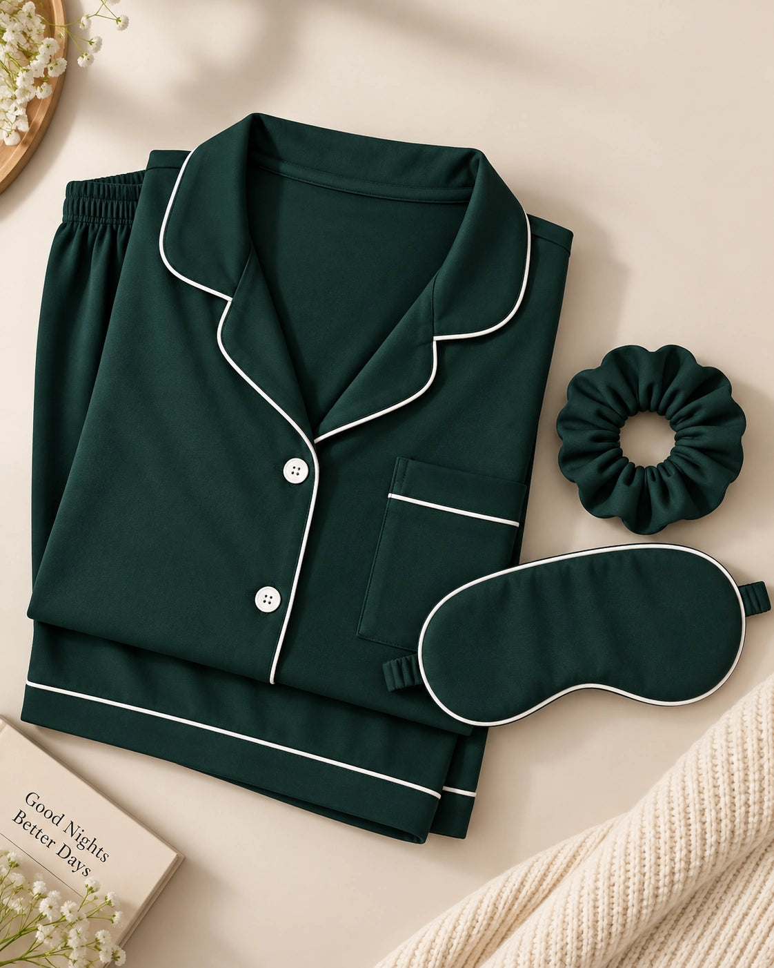 Dark green short sleeves silky textured ladies nightsuit - Ultimo