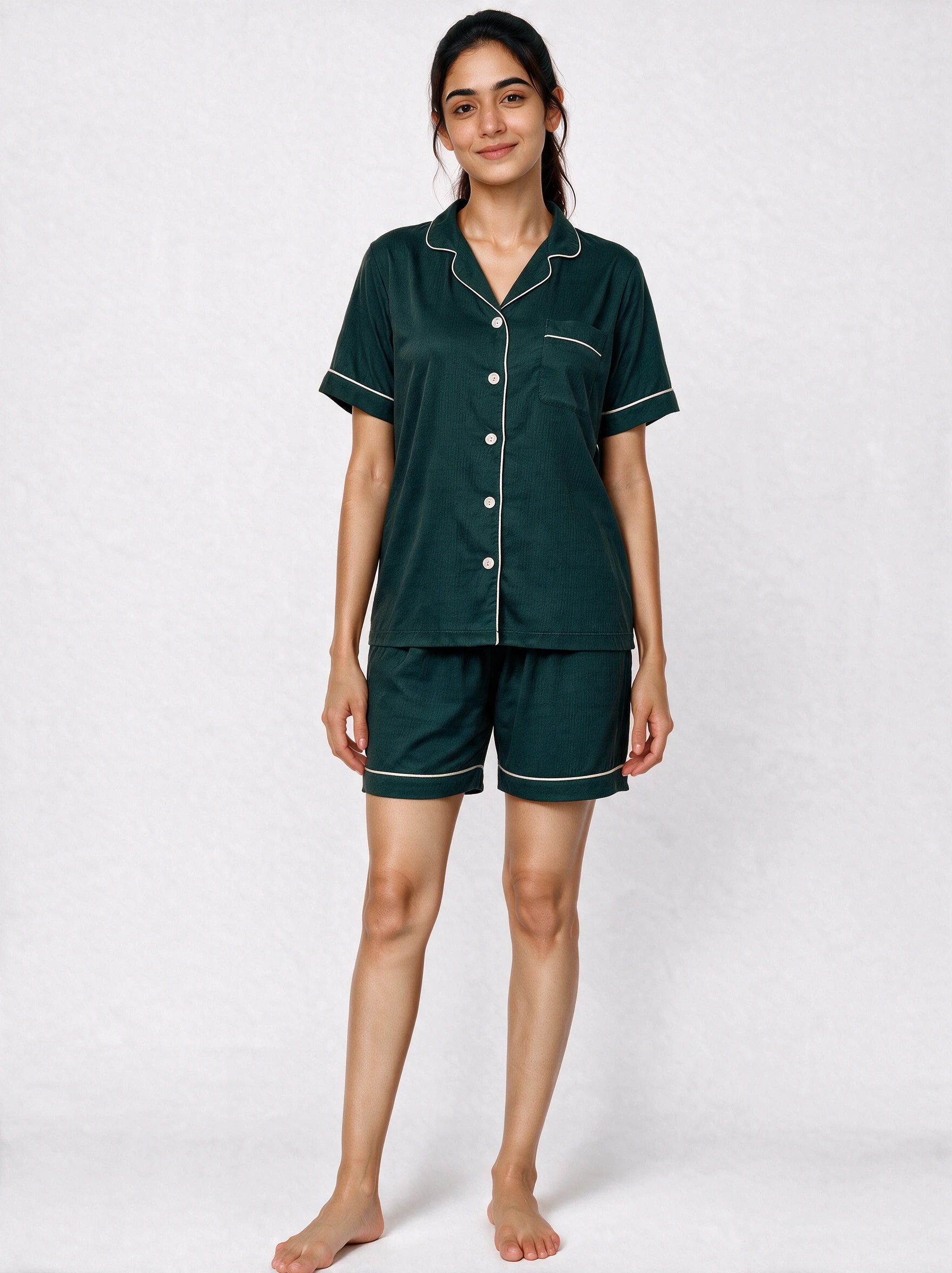 Dark green short sleeves silky textured ladies nightsuit