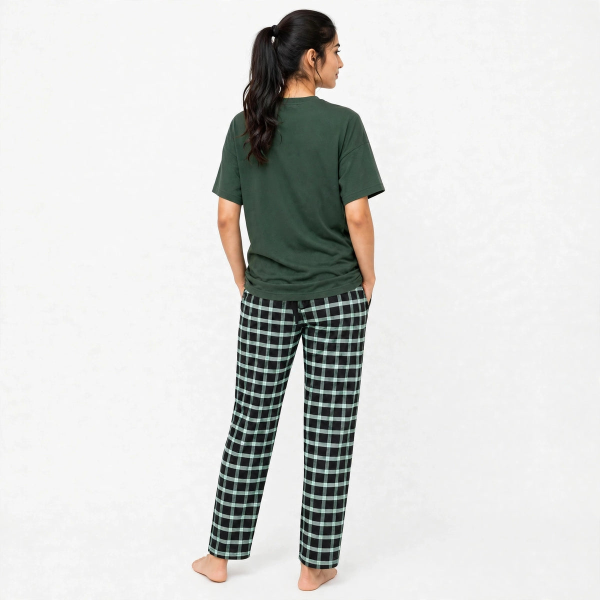 Evergreen Green Tshirt & Green Check Pajama Set for female - Ultimo