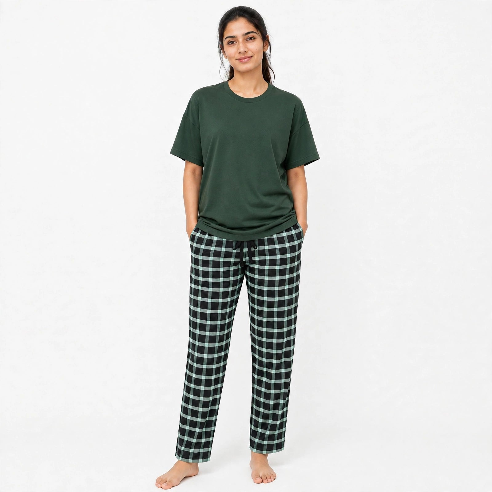 Evergreen Green Tshirt & Green Check Pajama Set for female