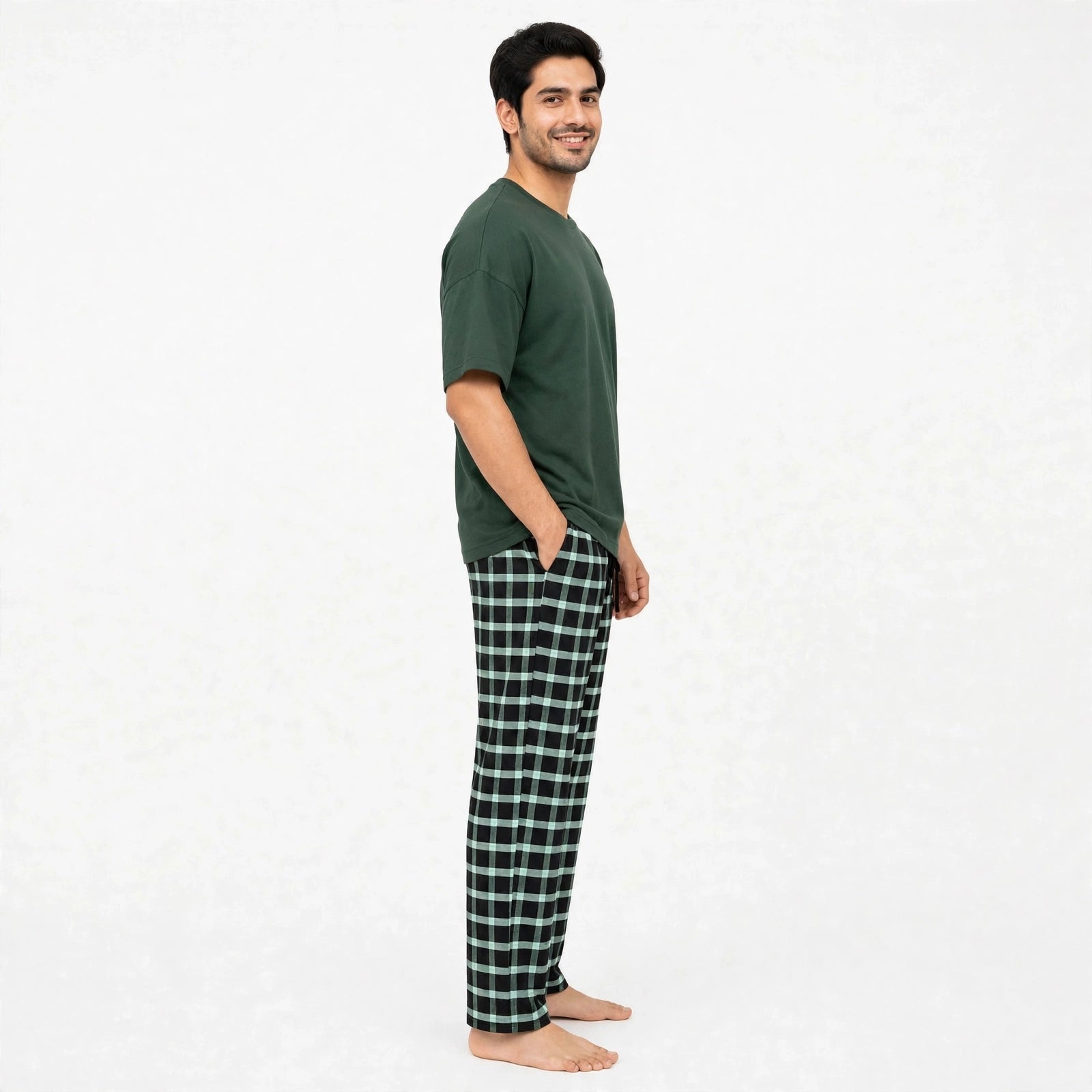 Evergreen Green Tshirt & Green Check Pajama Set for Male