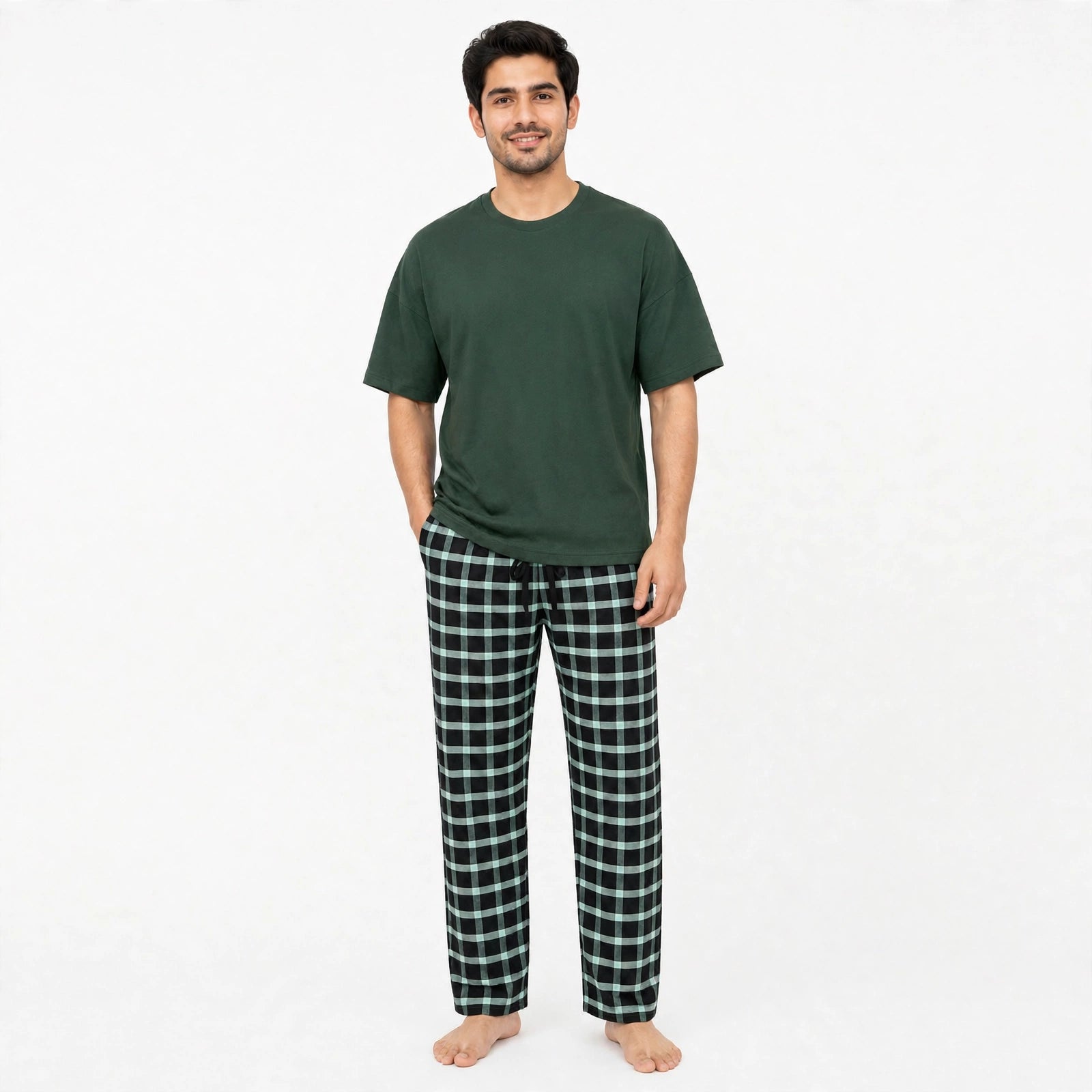 Evergreen Green Tshirt & Green Check Pajama Set for Male