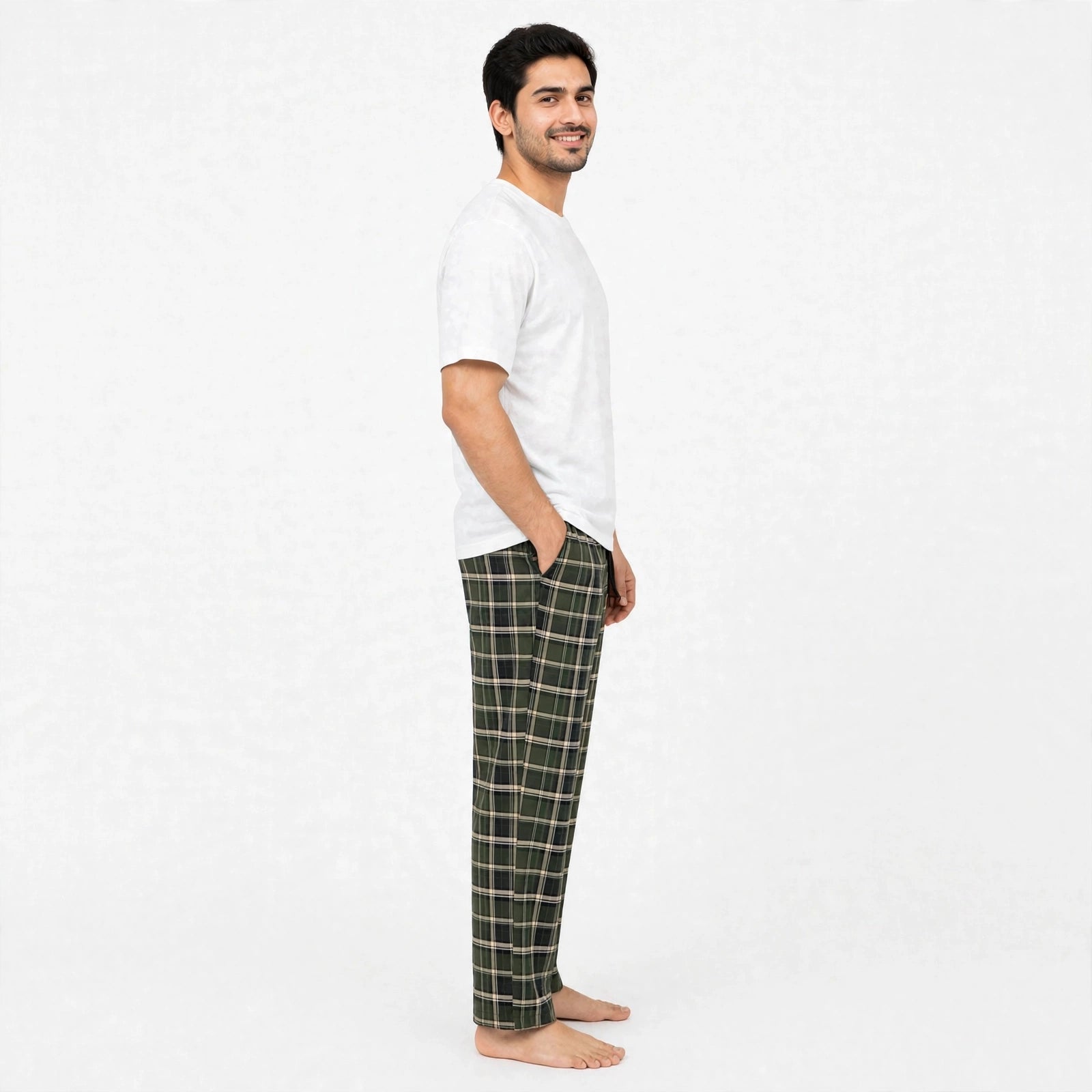 Grid White tshirt & Green Check Pajama Set for Male