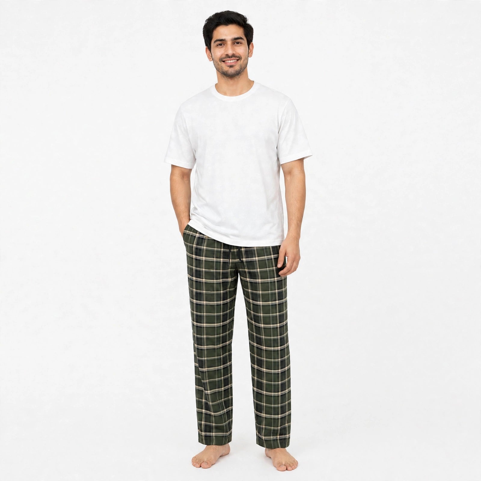 Grid White tshirt & Green Check Pajama Set for Male