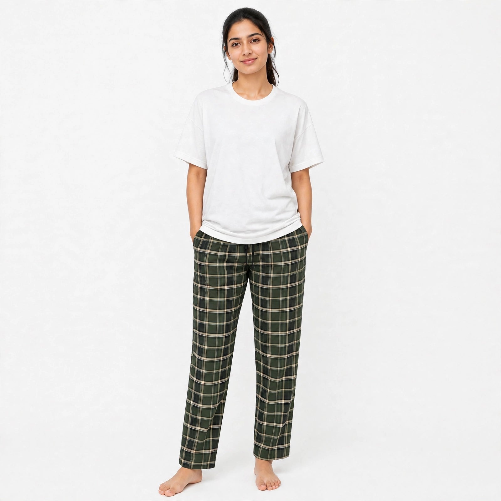 Grid White tshirt & Green Check Pajama Set for female