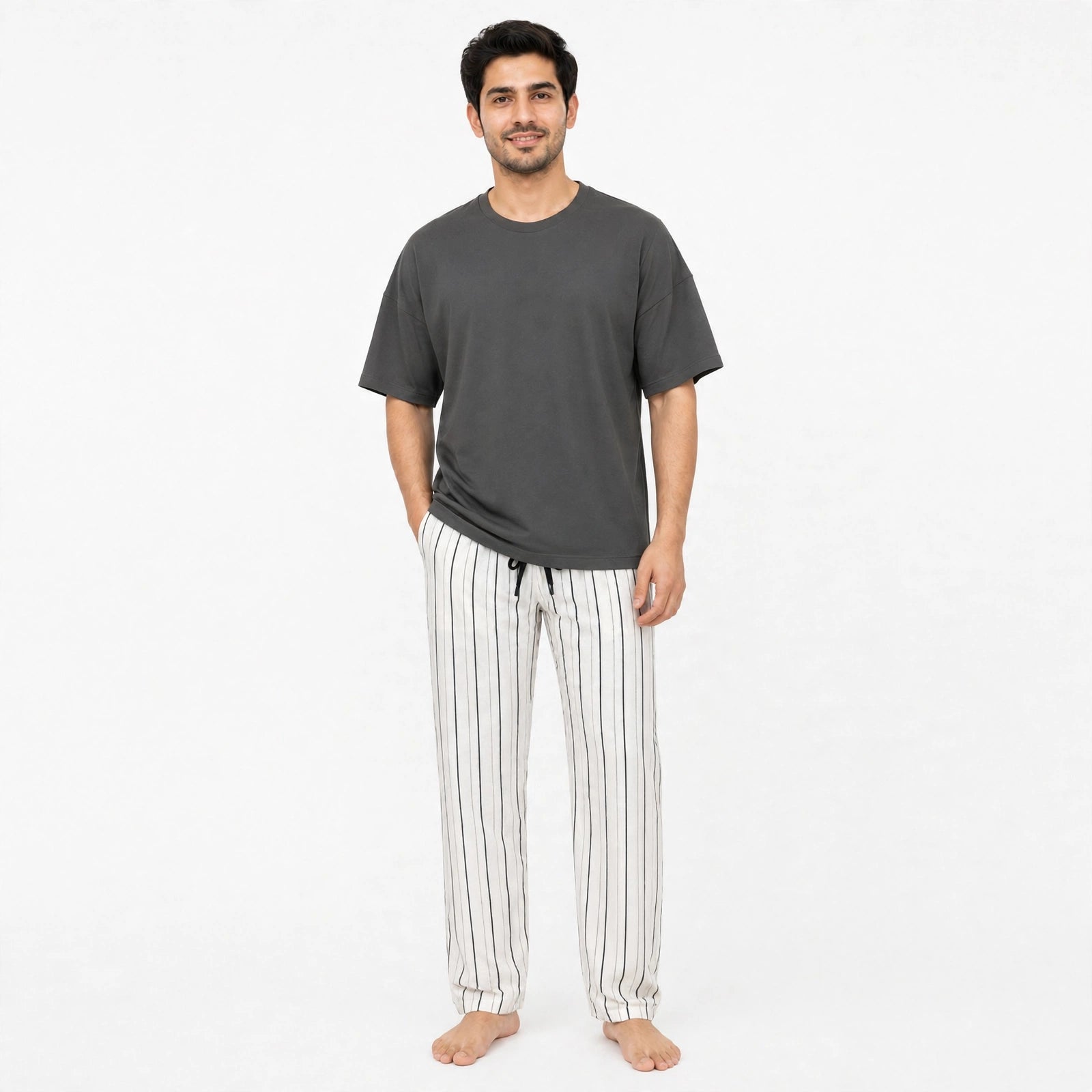 Haven Grey Tshirt & Stripe Pajama Set for Male