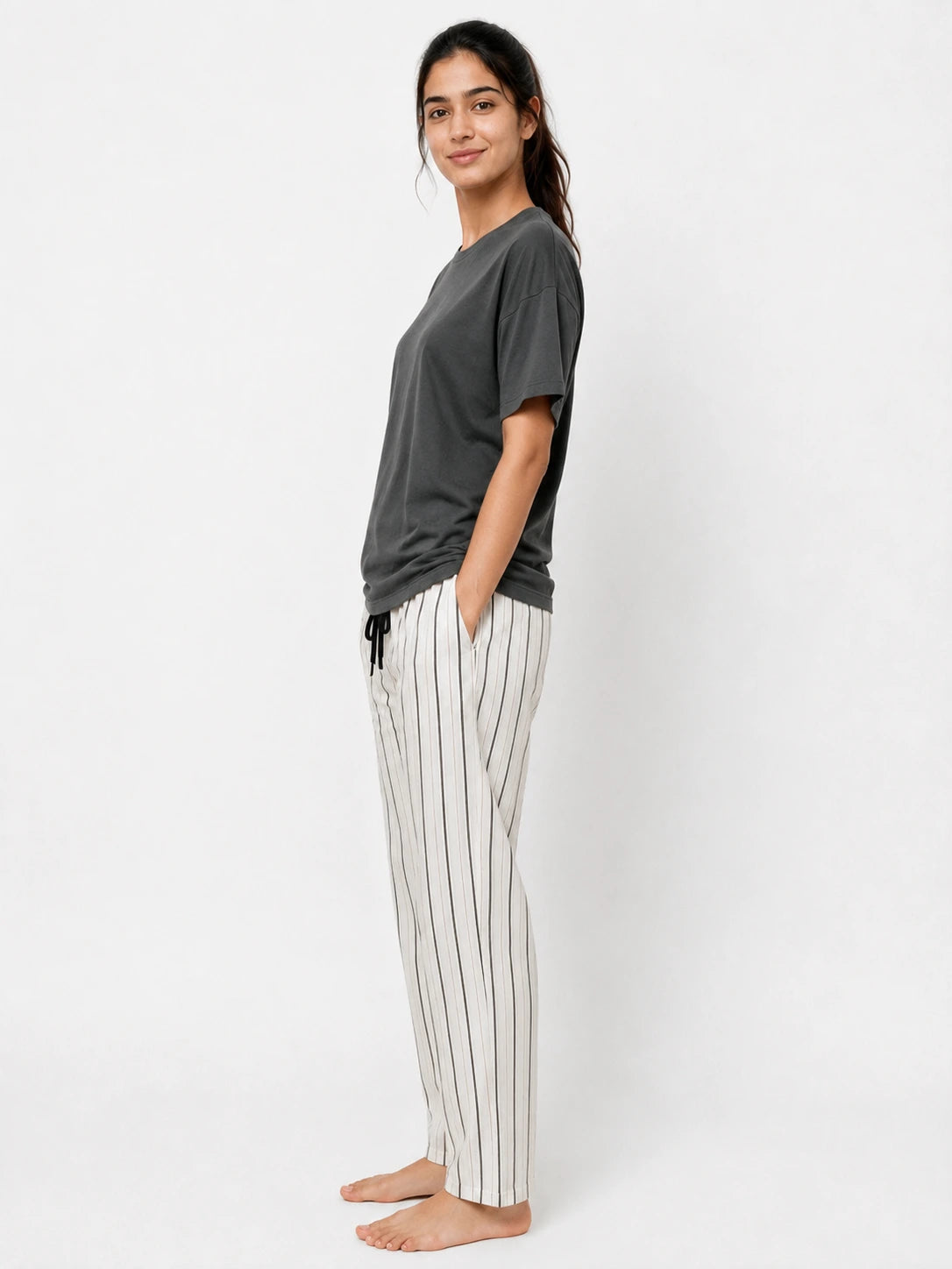 Haven Grey tshirt & Stripe Pajama Set for female