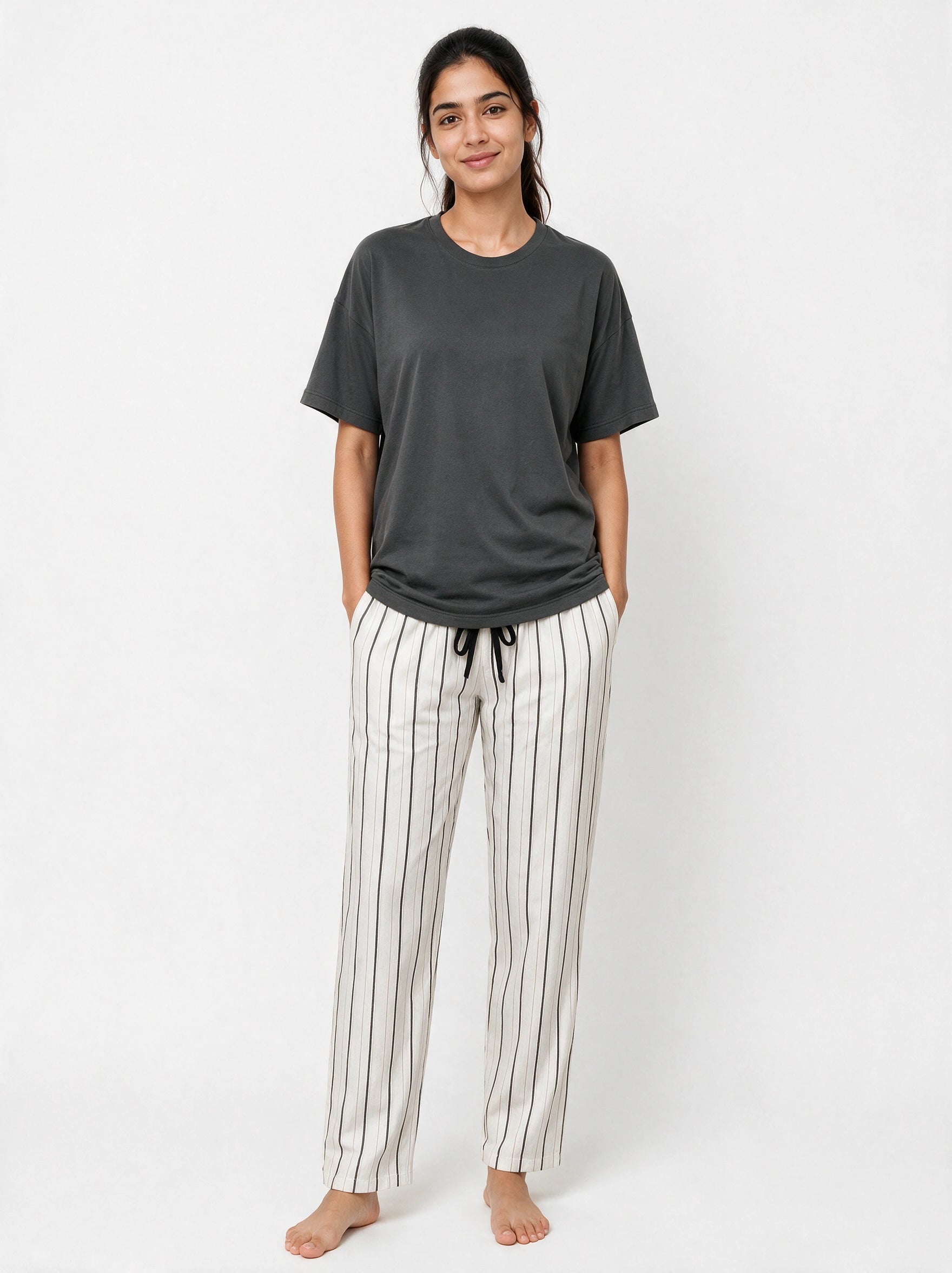Haven Grey tshirt & Stripe Pajama Set for female