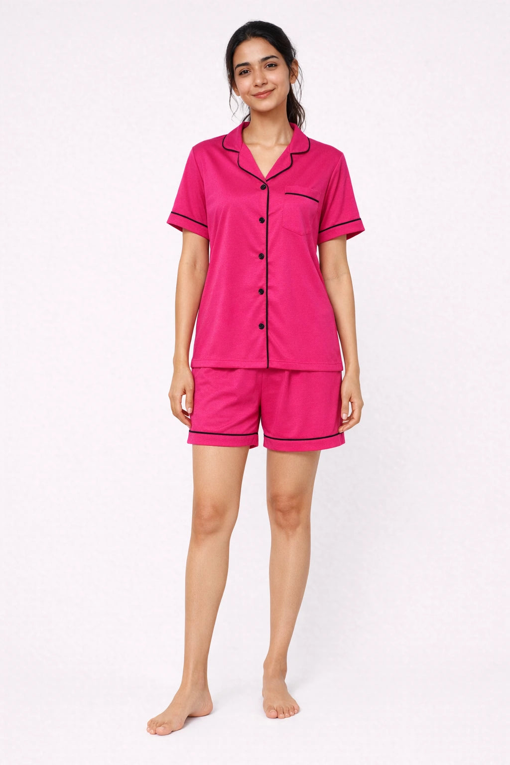 Hot Pink Short Sleeves Soft Satin Ladies Nightsuit
