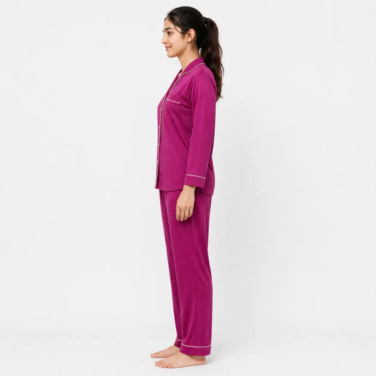 Magenta Long Sleeves Soft Satin Ladies Night Suit