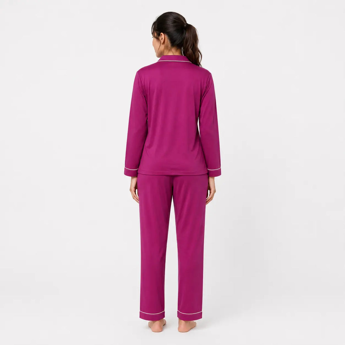 Magenta Long Sleeves Soft Satin Ladies Night Suit - Ultimo