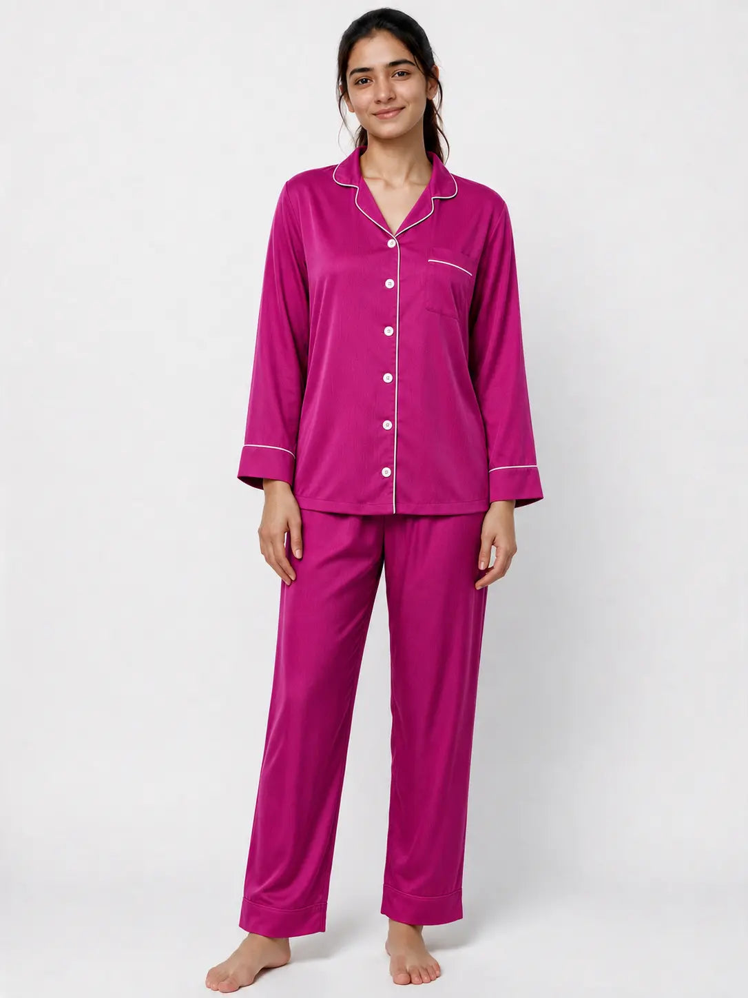 Magenta Long Sleeves Soft Satin Ladies Night Suit