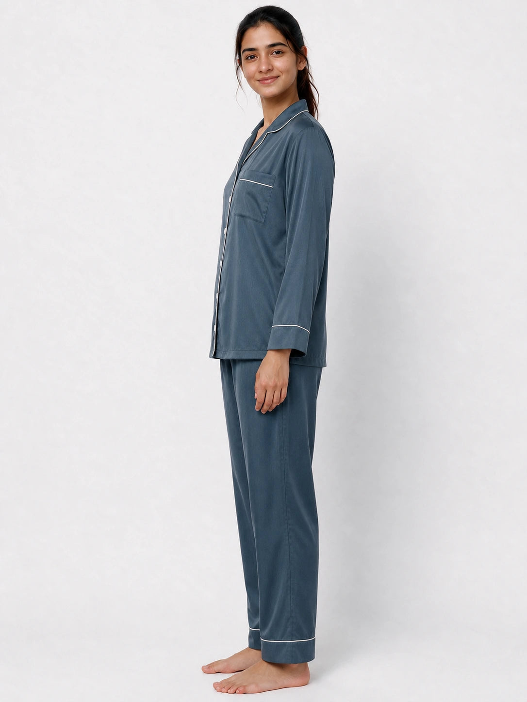 Matte Green Long Sleeves Silky Textured Ladies Night Suit