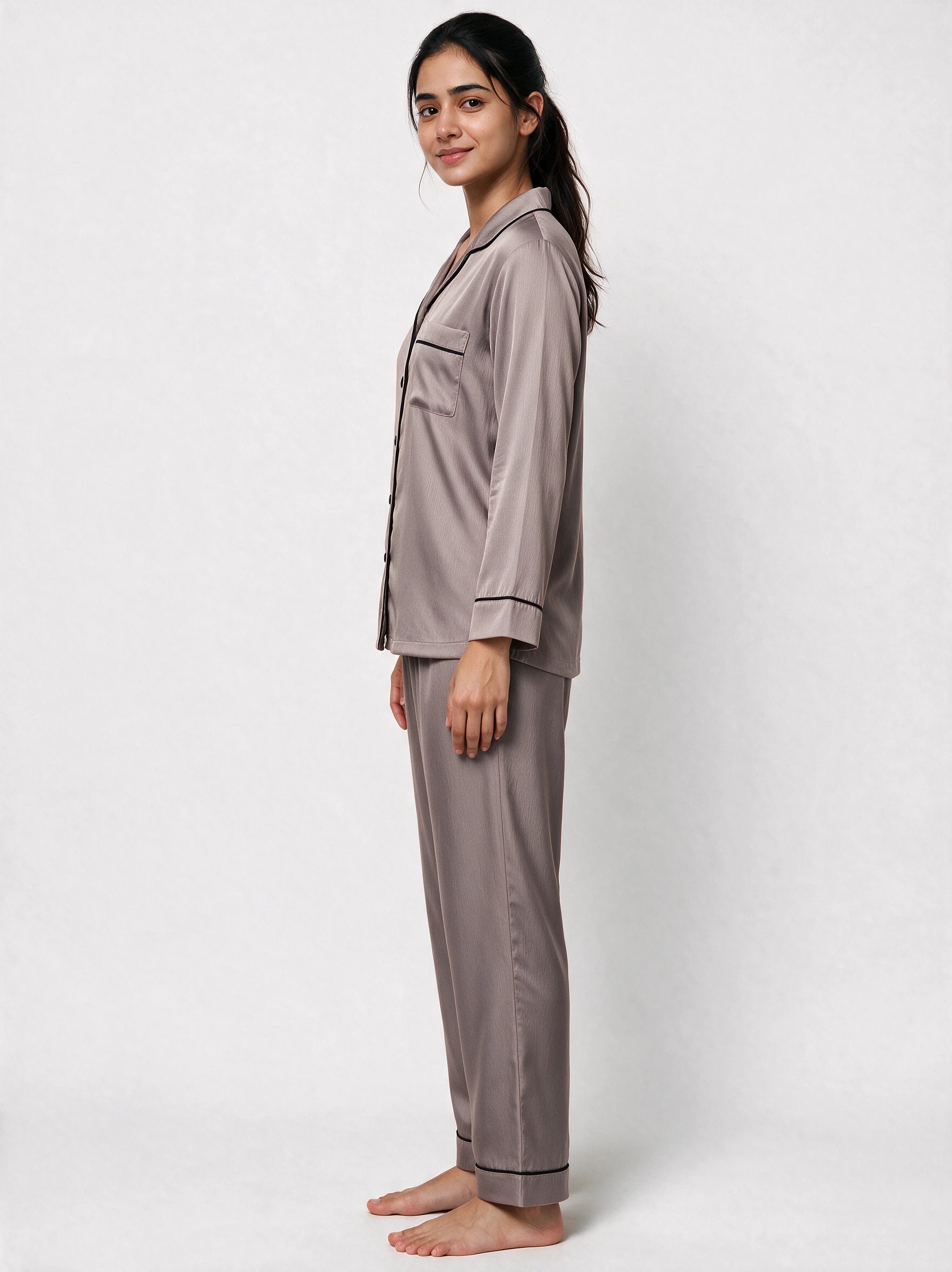 Matte Grey Long Sleeves Silky Textured Ladies Night Suit