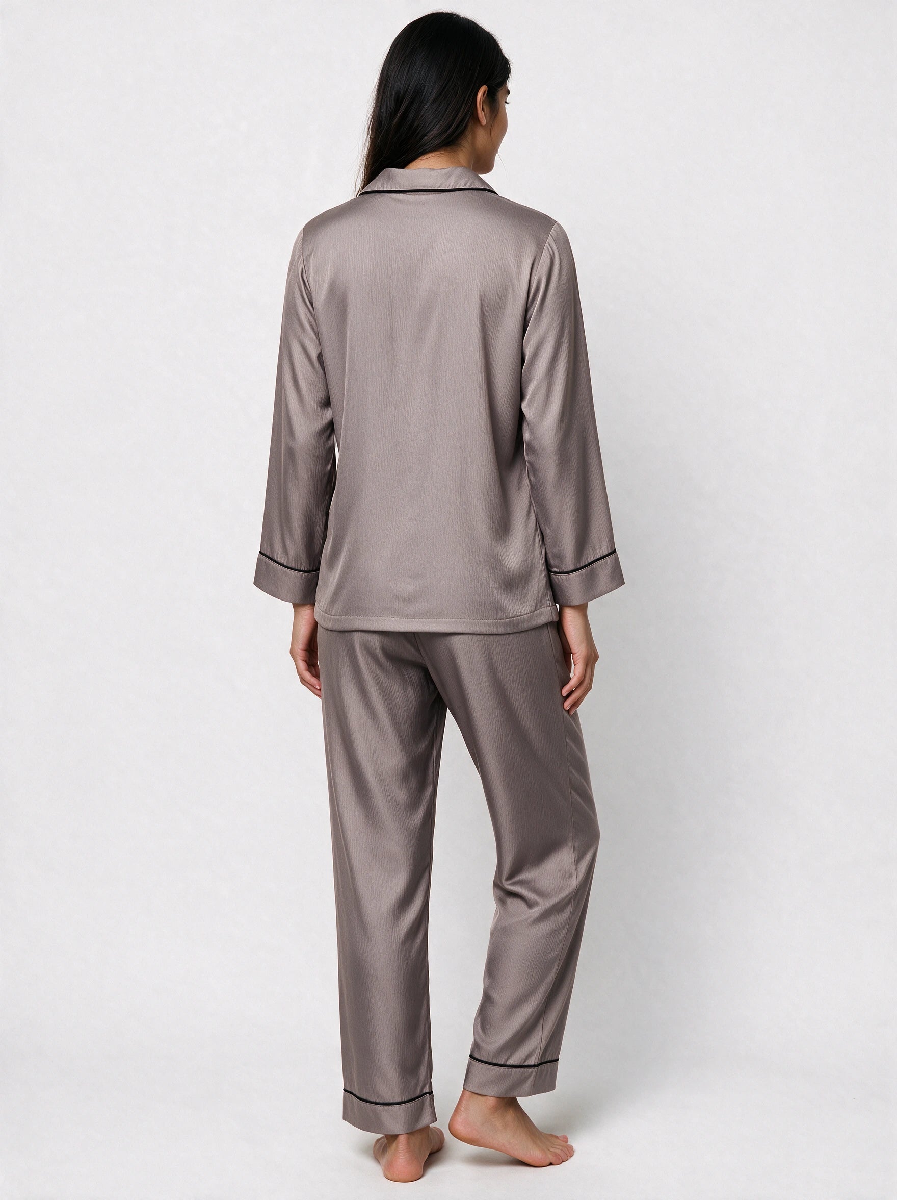 Matte Grey Long Sleeves Silky Textured Ladies Night Suit
