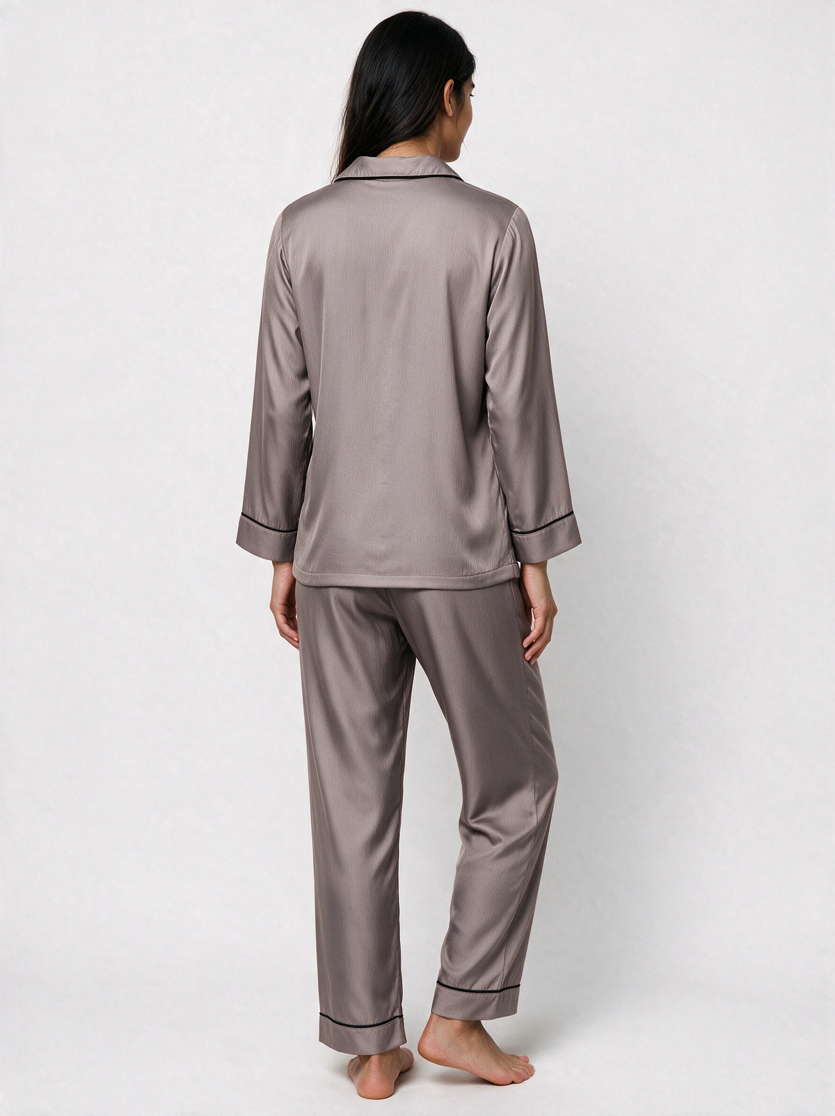 Matte Grey Long Sleeves Silky Textured Ladies Night Suit - Ultimo