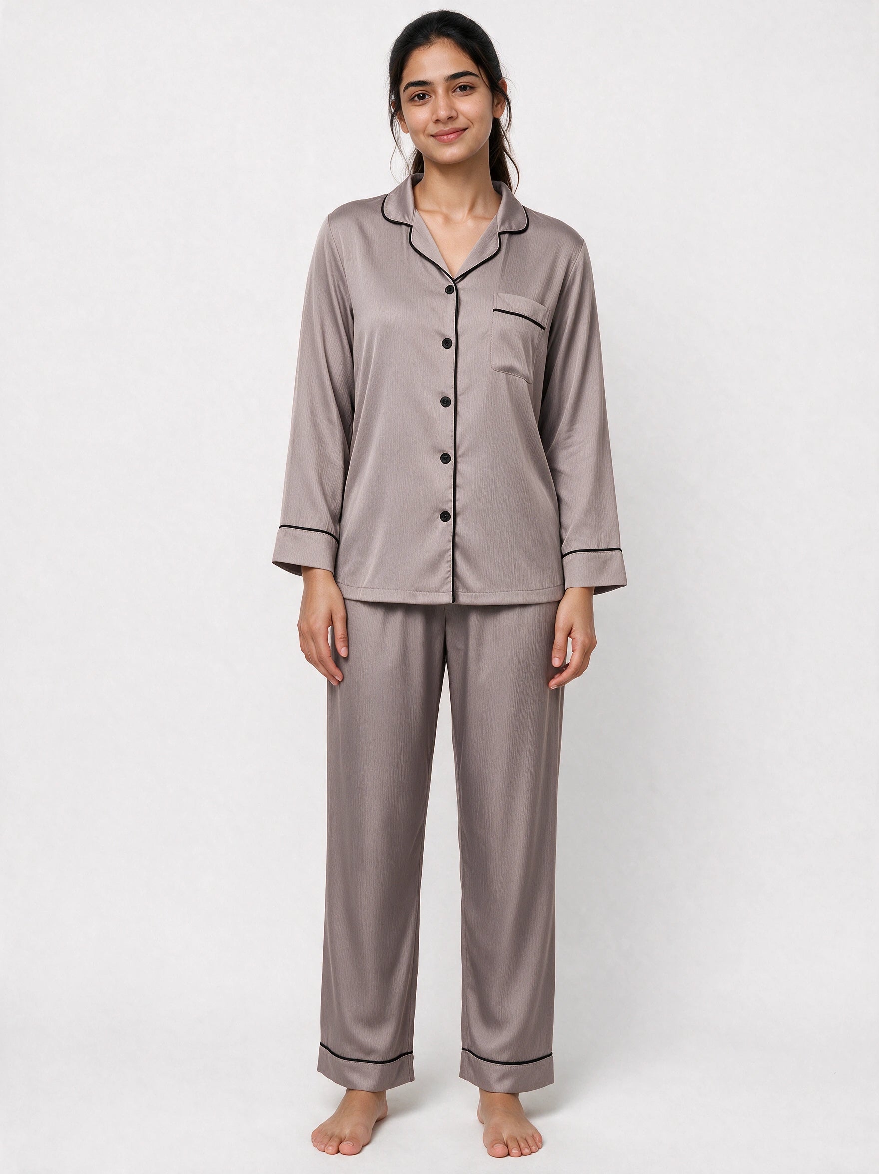 Matte Grey Long Sleeves Silky Textured Ladies Night Suit