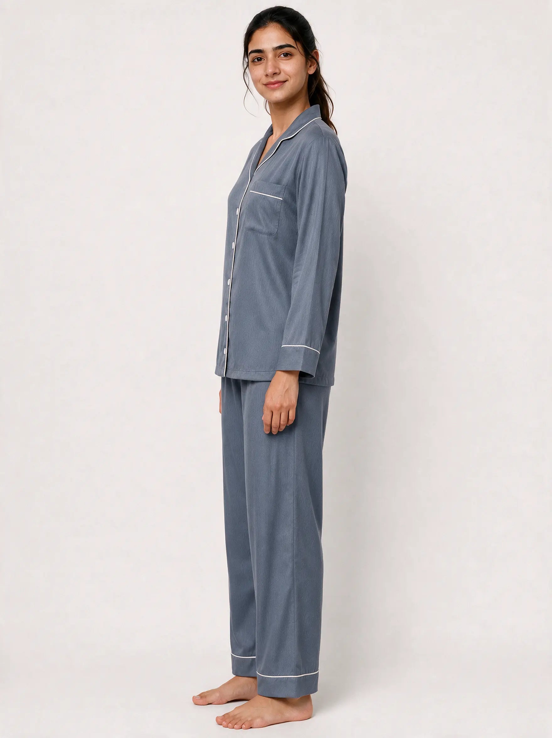 Matte Silver Long Sleeves Silky Textured Ladies Night Suit