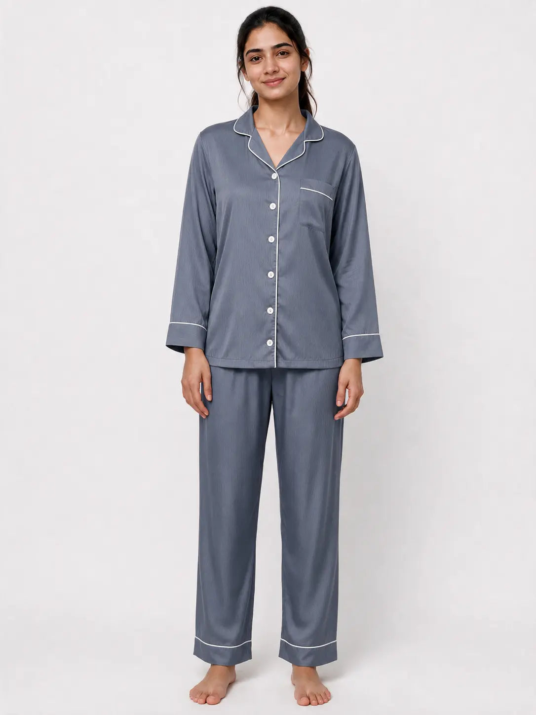 Matte Silver Long Sleeves Silky Textured Ladies Night Suit