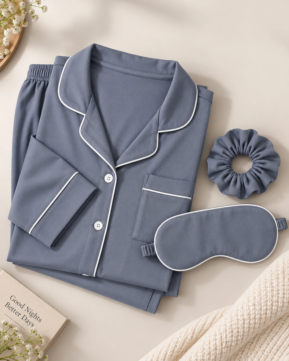 Matte Silver Long Sleeves Silky Textured Ladies Night Suit