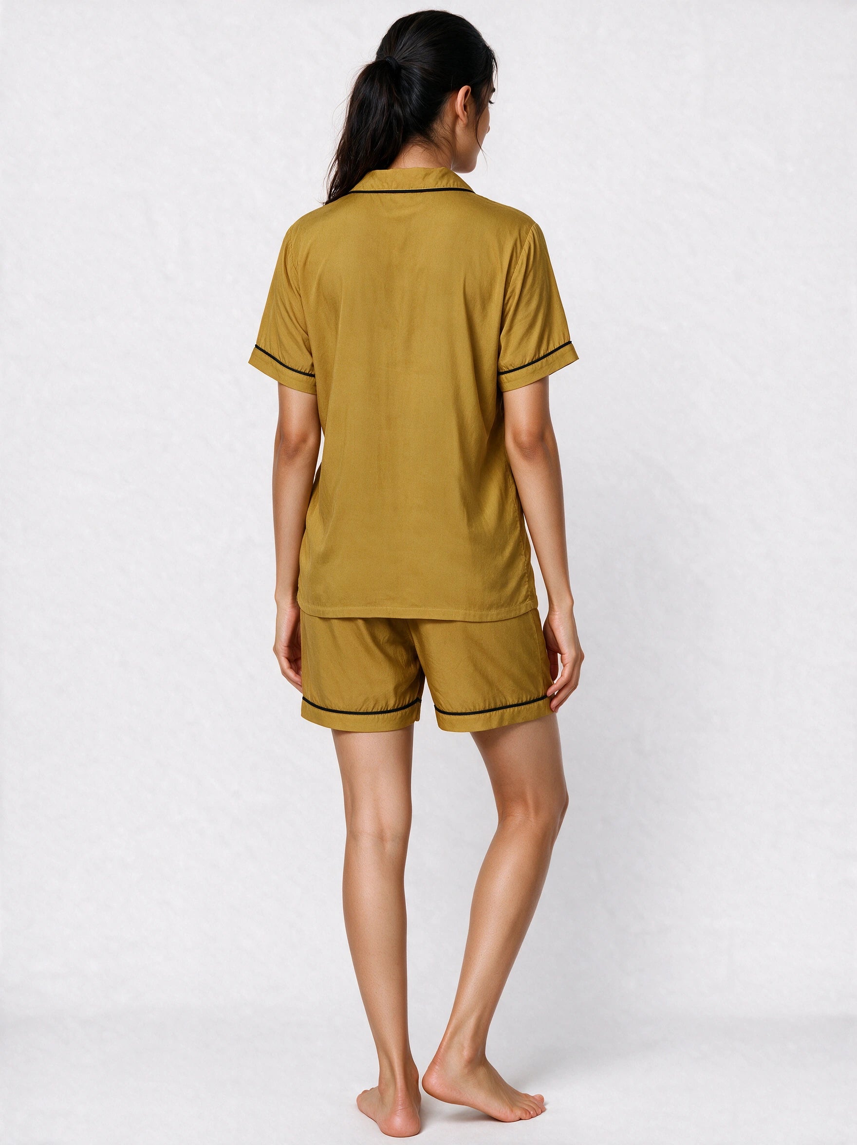 Mustard Short Sleeves Soft Satin Ladies Night Suit